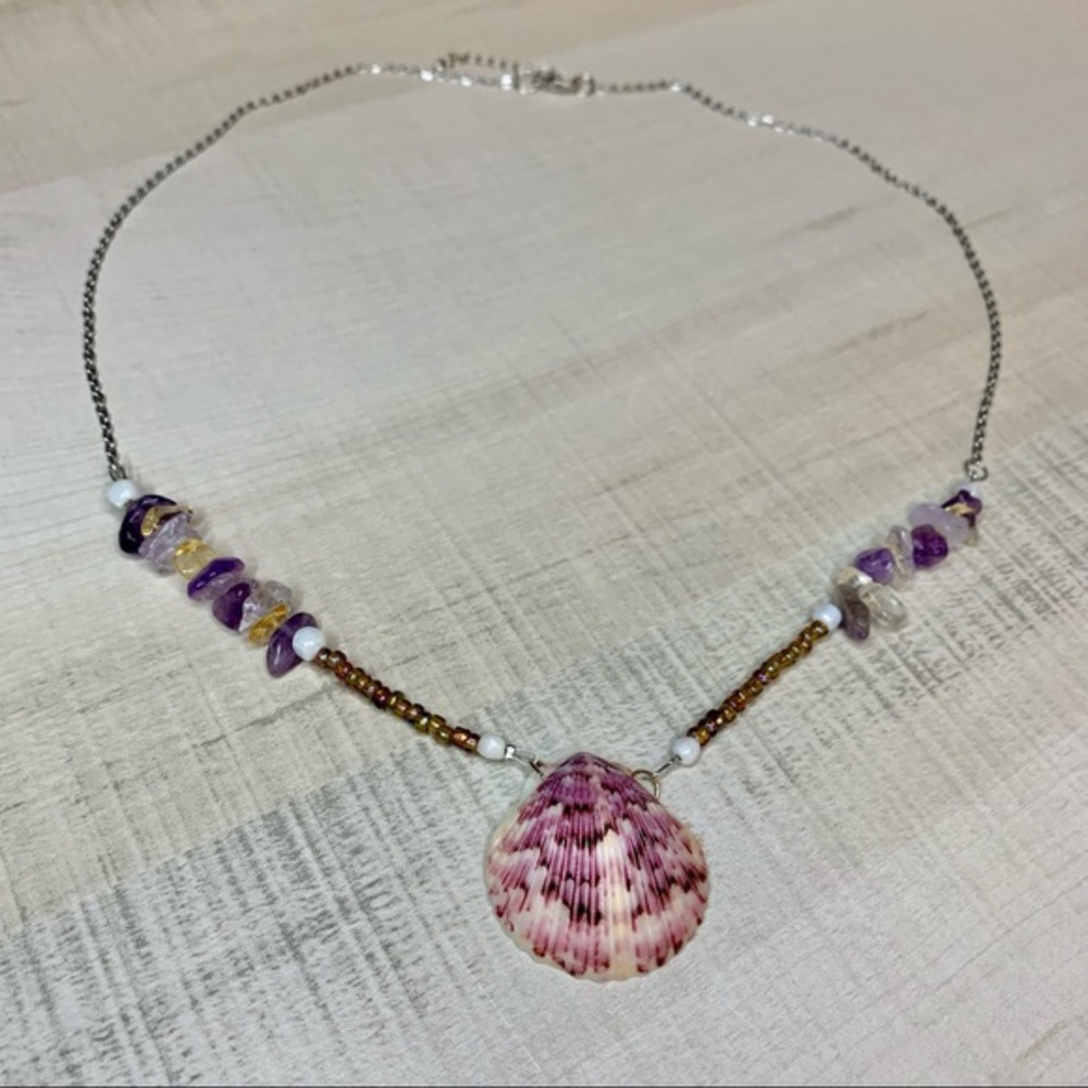 Seashell, Bead, Stone, Chain Necklace Handcrafted
